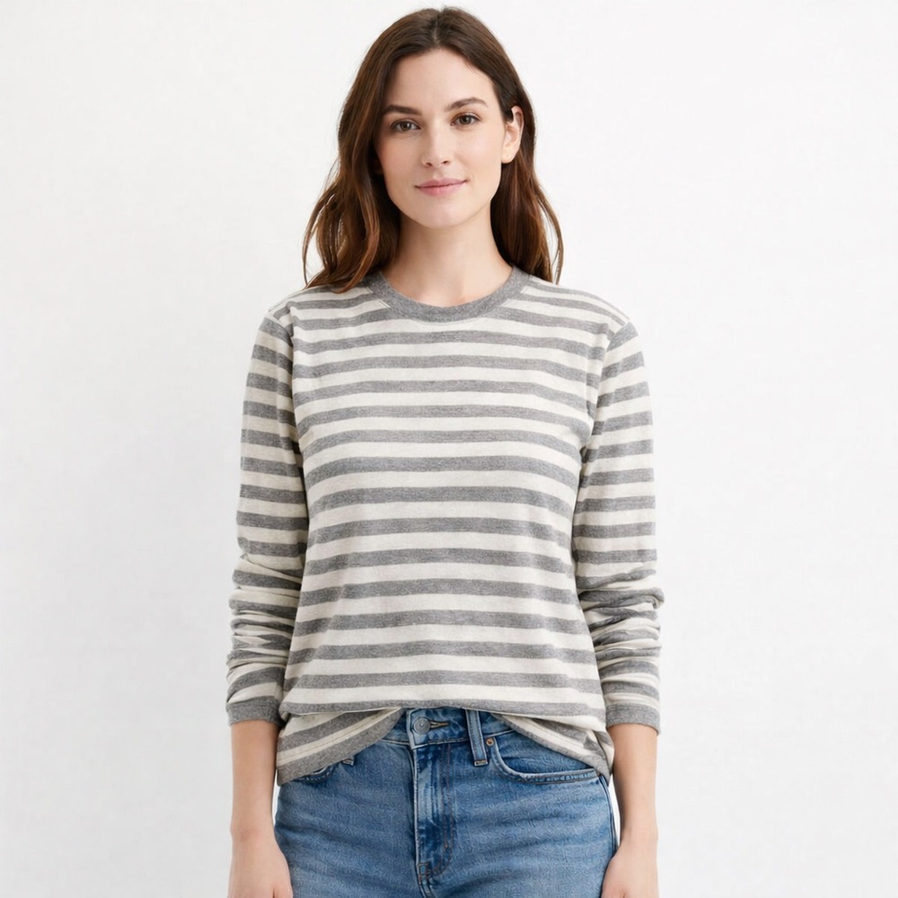 NWT Alex Mill Women’s Gray & Cream Striped Knit Top Long Sleeve Crewneck Size L